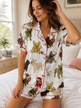 Sheshow nwt size M Holiday French Bulldog Short Pajama Set - White